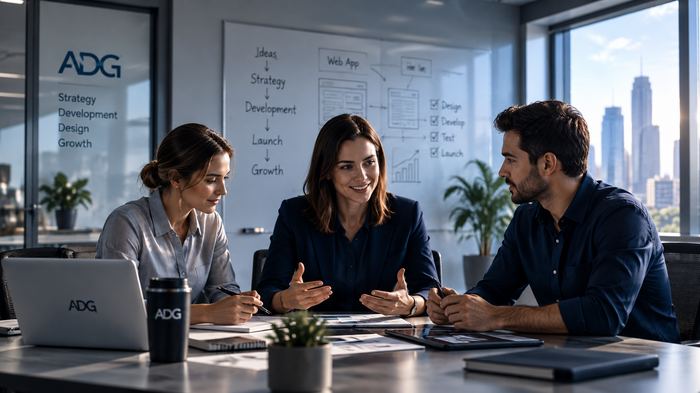Strategy meeting in front of a whiteboard