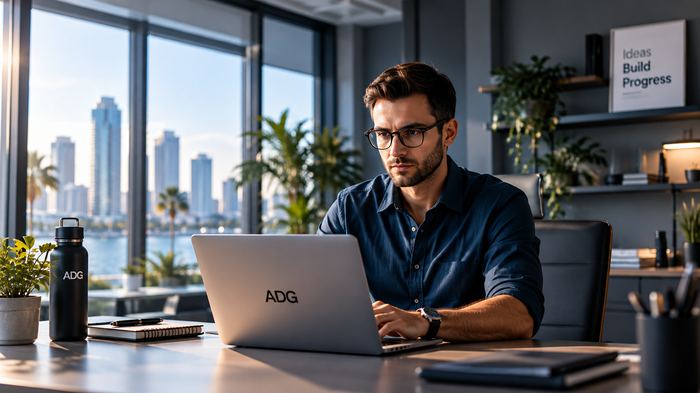 Developer working on a laptop in a city office