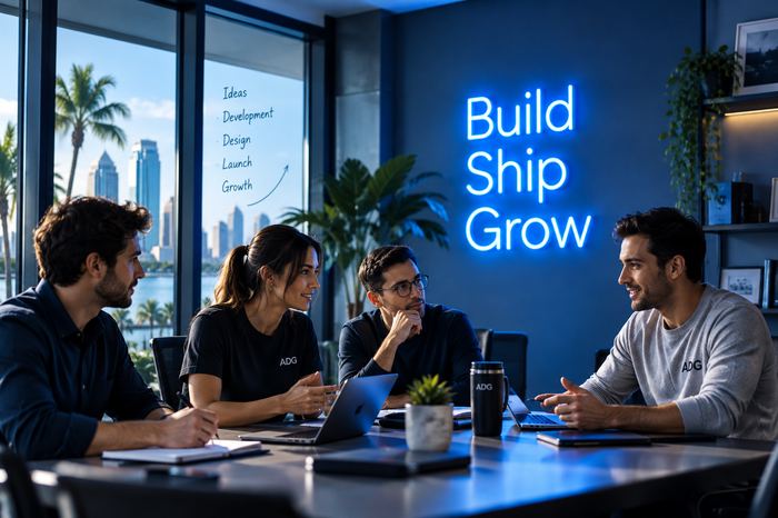 Startup team meeting under a neon sign